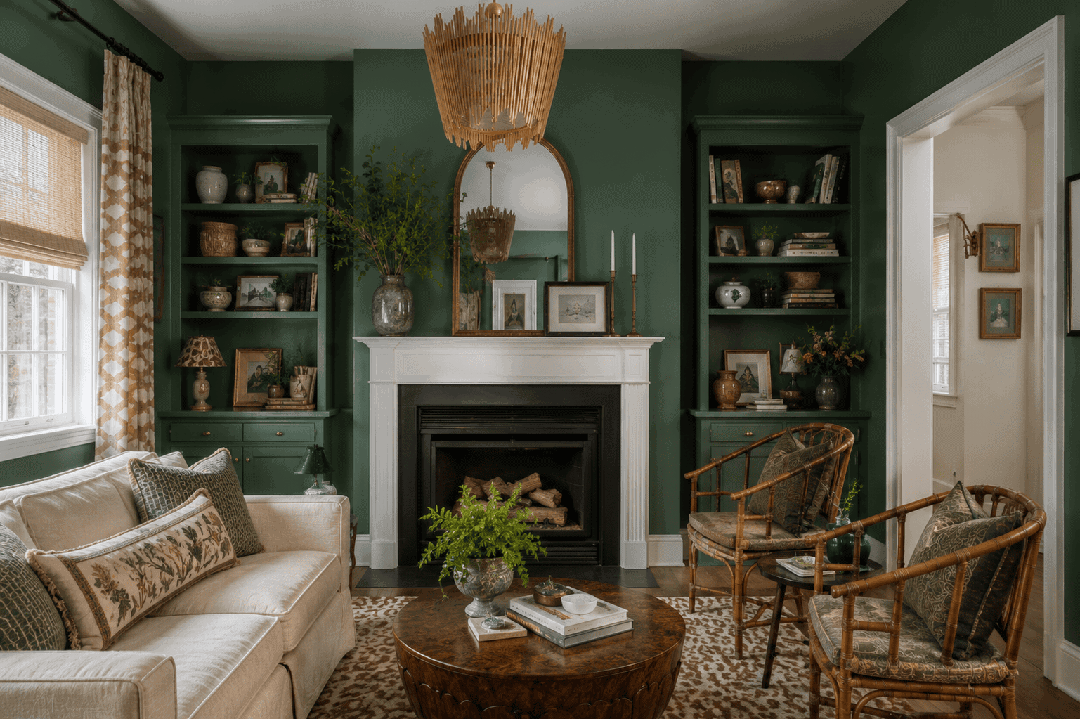 Warm, inviting living room with deep emerald green walls, built-in shelving, a white fireplace mantel, bamboo accent chairs, a cream sofa with botanical pillows, and a round wood coffee table. Natural textures, brass accents, layered decor, and soft daylight create an elegant, earthy atmosphere with a cozy modern vintage feel.